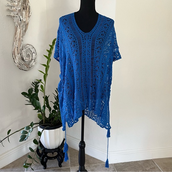 Open Knit Cover up Royal Blue Drawstring ruched sides one size - Picture 1 of 12